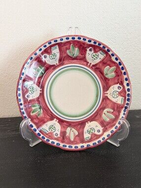 Set of 2 Vietri Solimene Chicken Red Border Blue Dots 10" Dinner Plates Italian